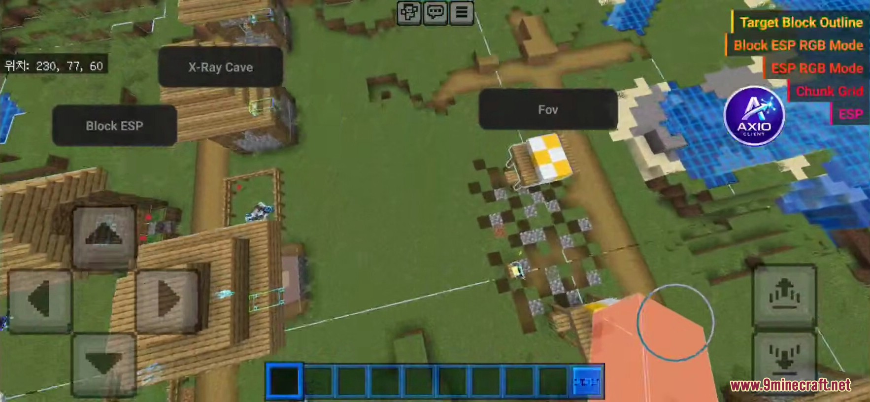 Top-down view of Minecraft world with Axio Client features active