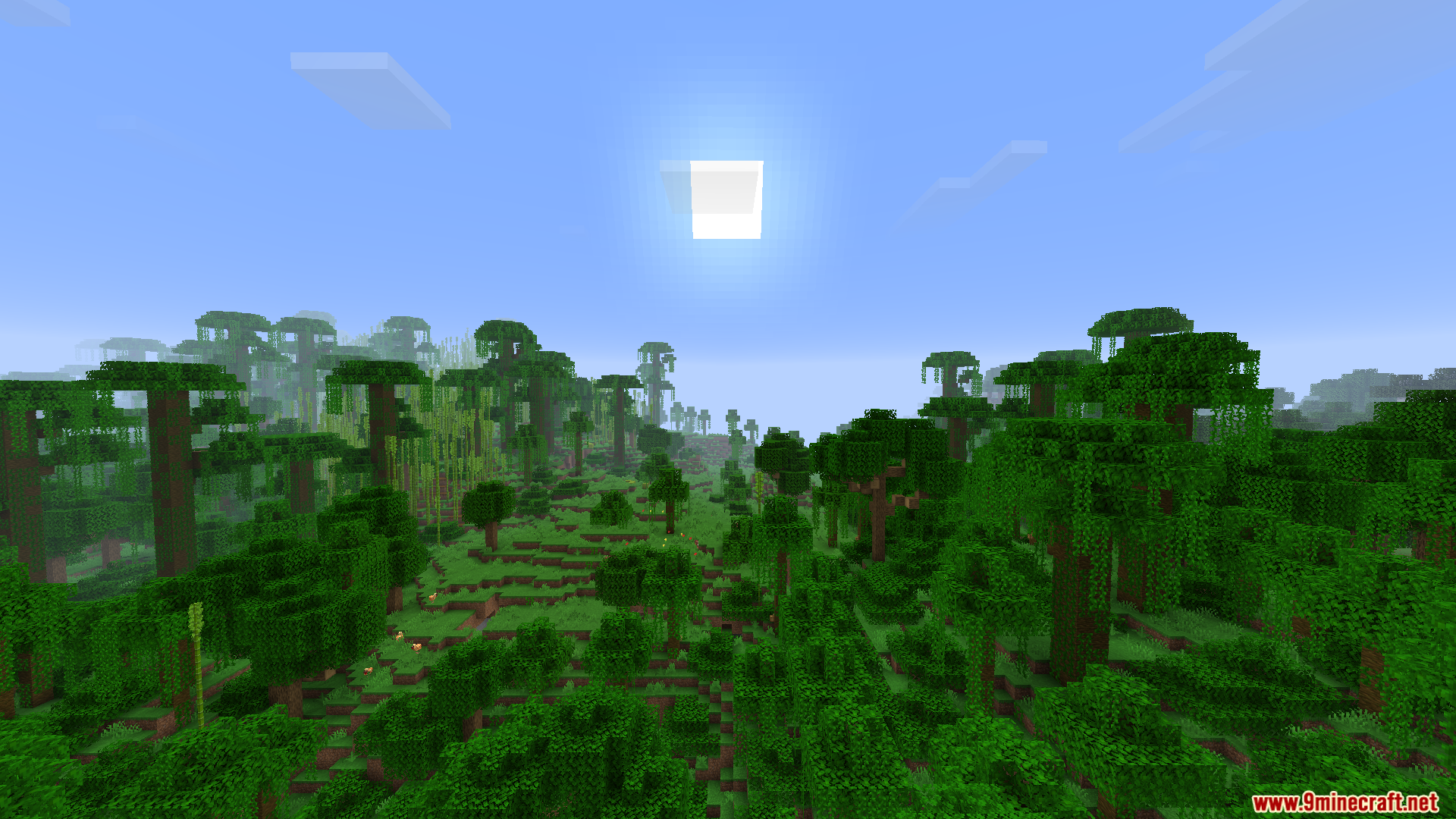 Lush green jungle biome landscape under a bright clear daytime sky