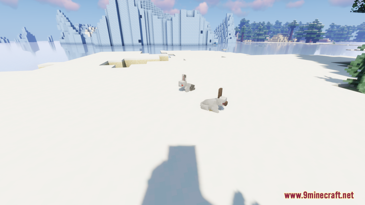 Better Bunnies texture pack showing new 3D white rabbits on snow