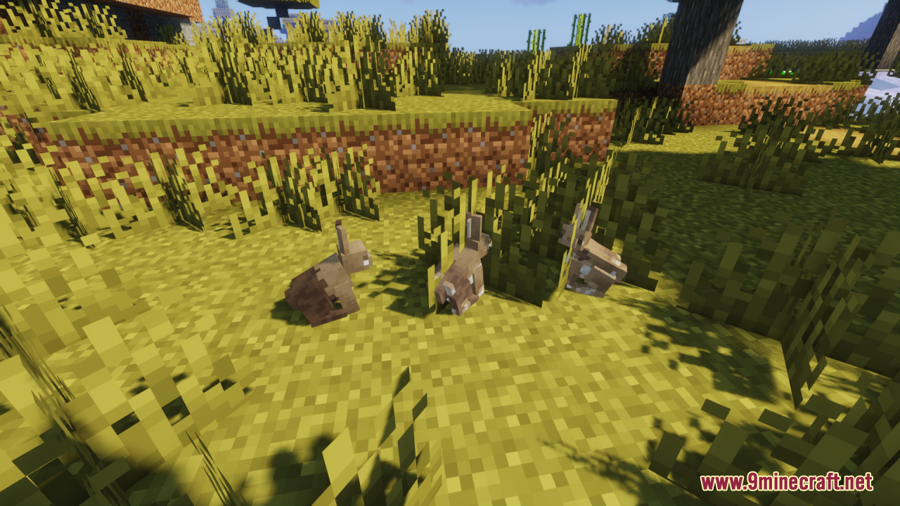 Three brown rabbits with Better Bunnies custom models in tall grass