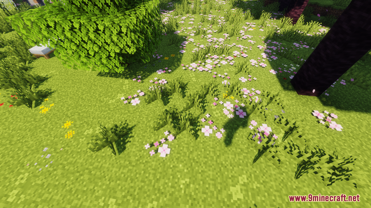 Dense patch of pink flowers added to the grass block texture