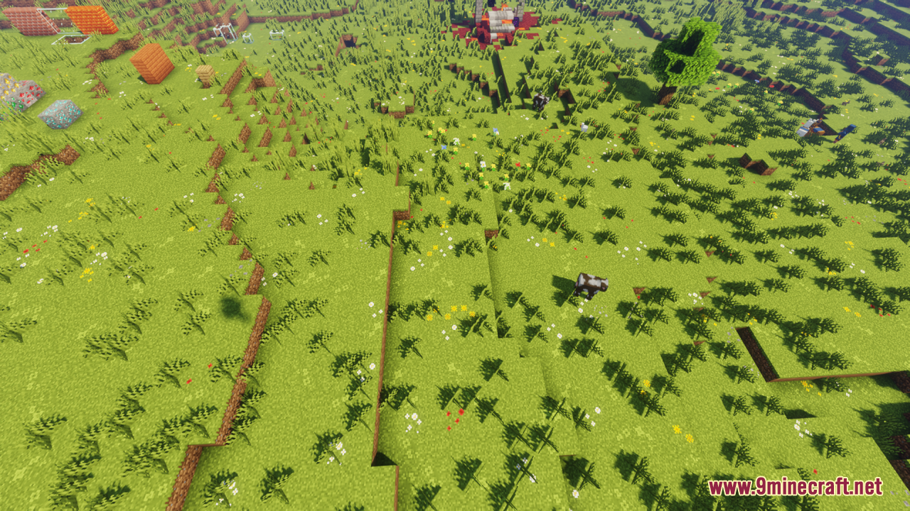 Wide view of landscape showing Better Grounds varied grass block textures