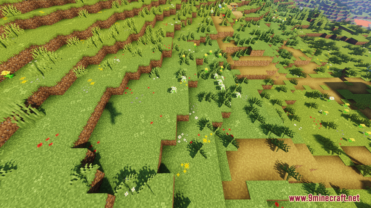 Stepped grassy hills next to a dirt path showing new textures