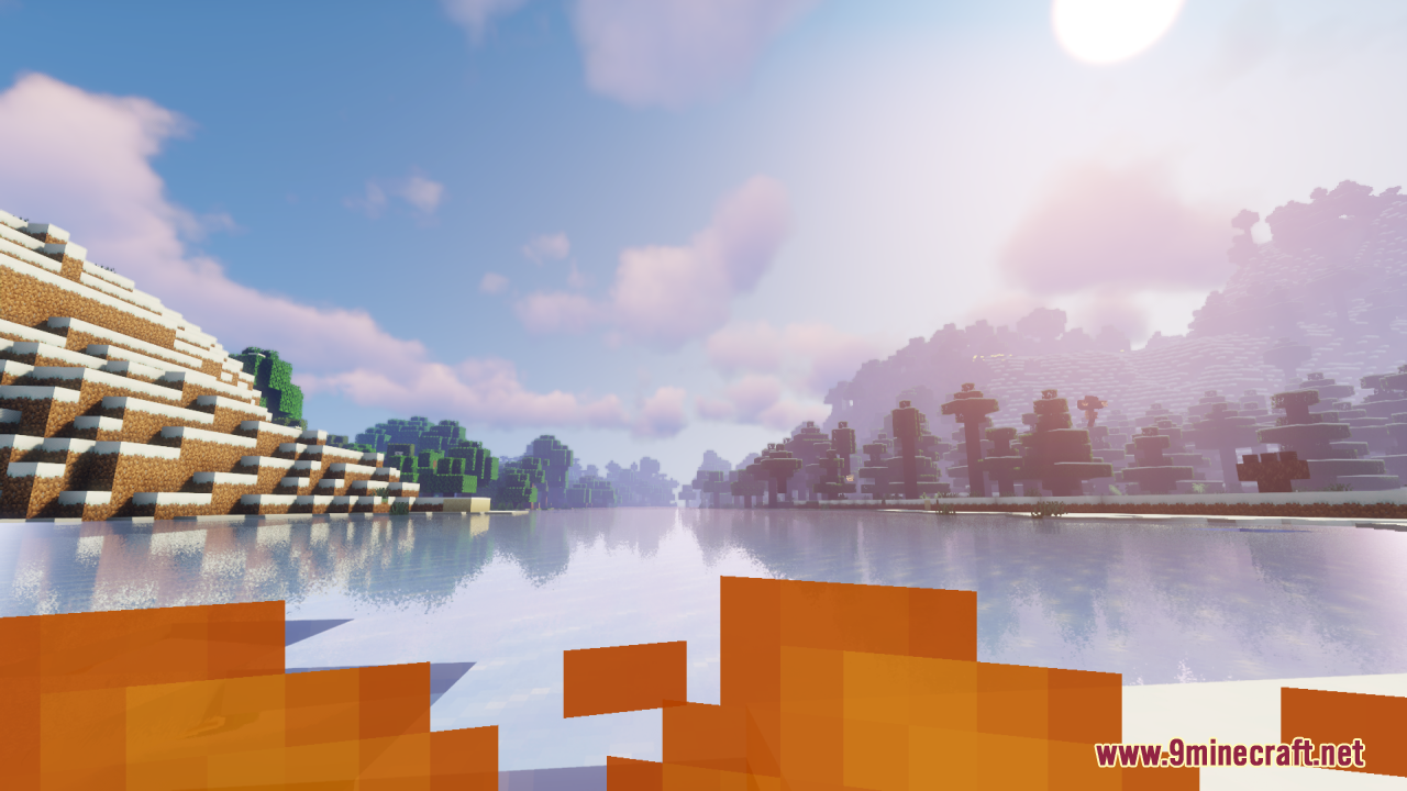 Clear view of frozen river and snowy hills while player is burning