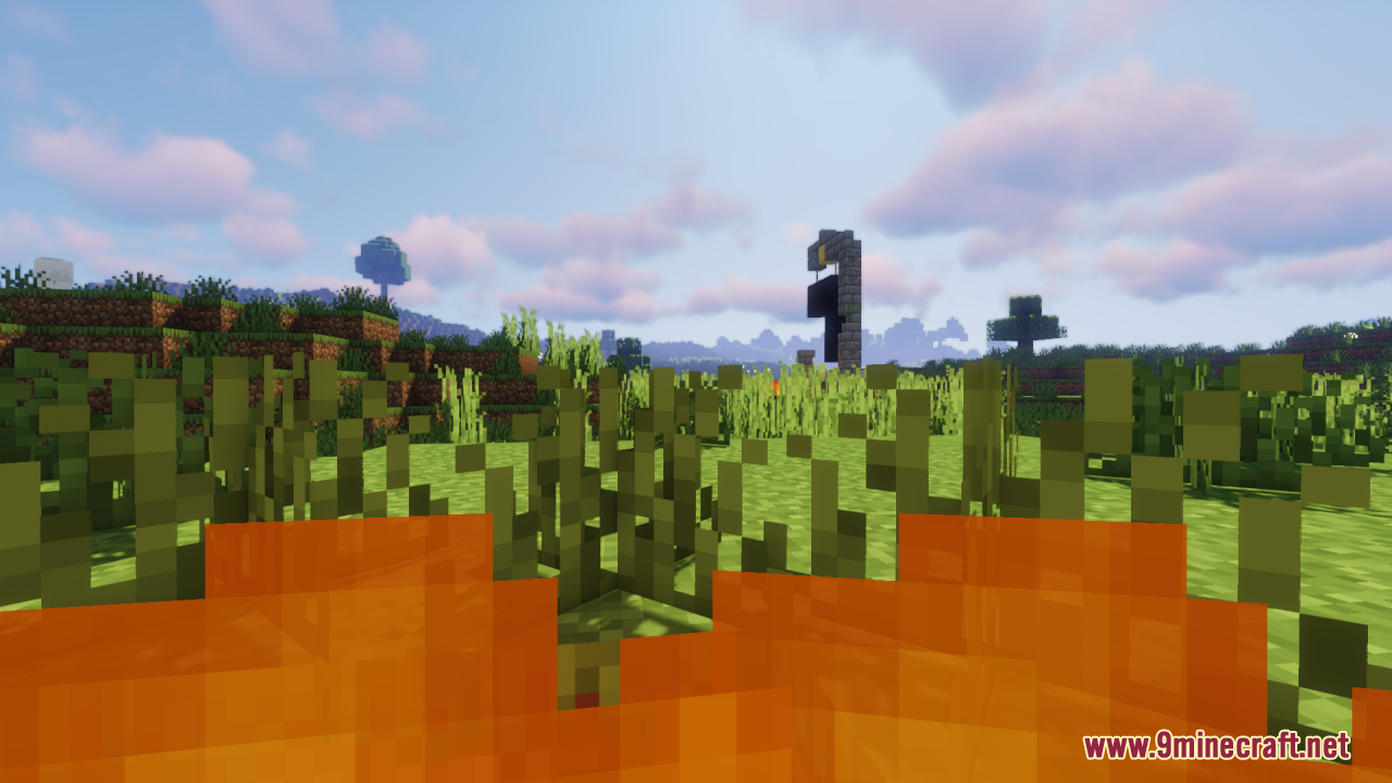 Viewing a ruined portal through tall grass with low screen fire