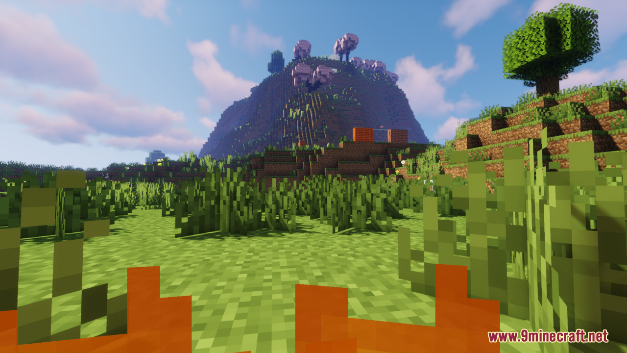 Reduced fire texture while looking at a distant cherry blossom mountain