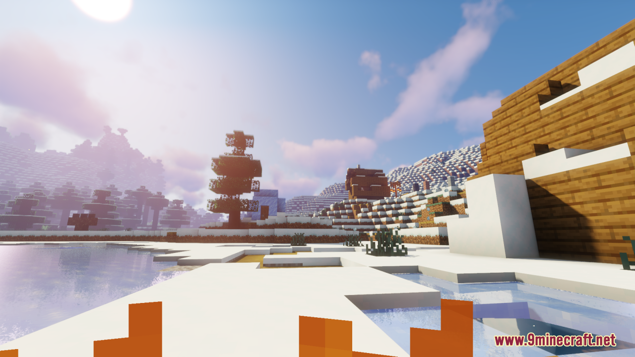 Player views snowy village with reduced fire flames on the screen