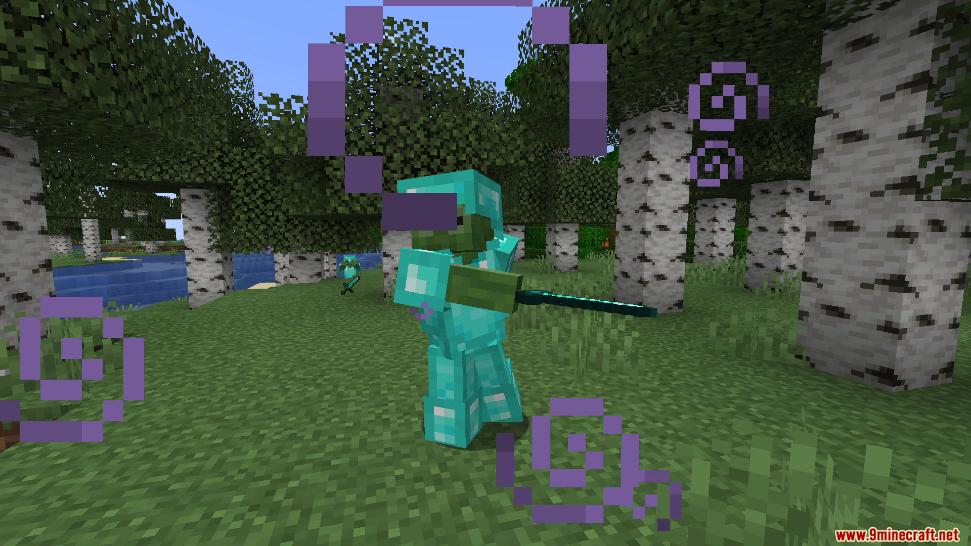 A zombie in diamond armor with purple particle effects