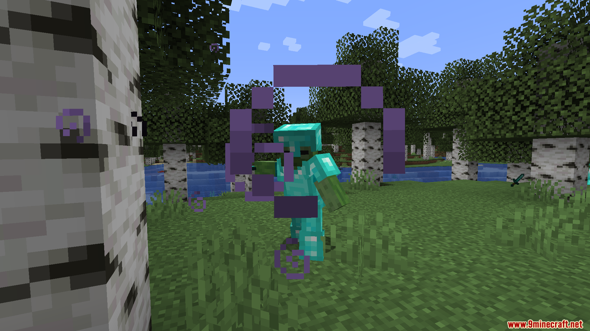 Armored zombie with magic effects behind a birch tree