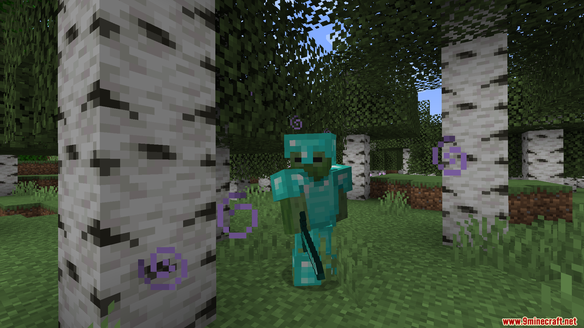 A zombie in diamond armor seen past a birch tree