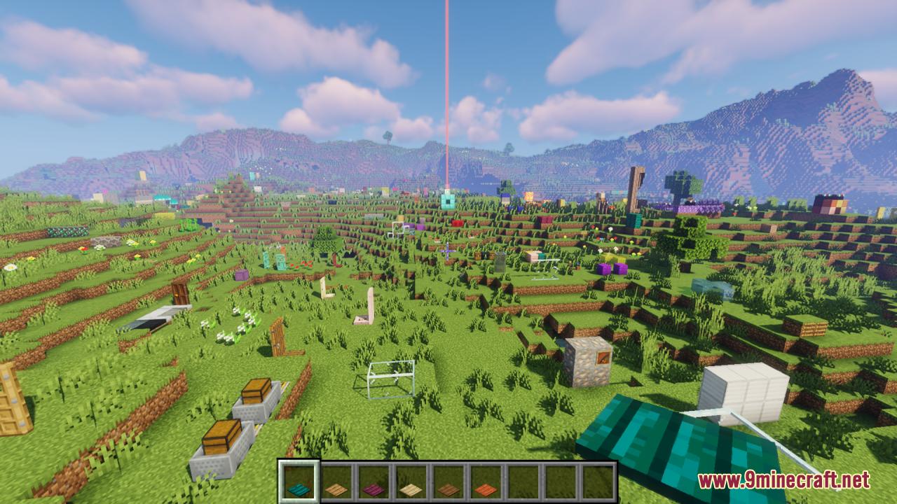 Player holding a wooden plank in a grassy Minecraft landscape