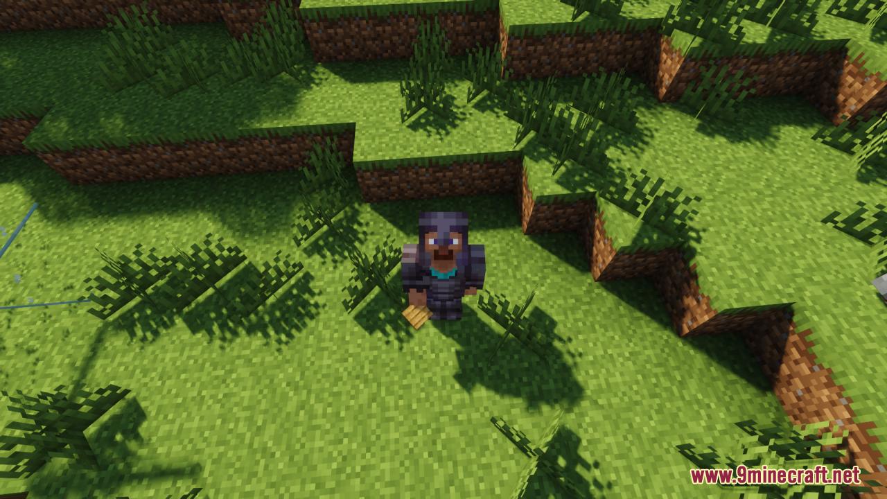 Player holding a wooden plank in a grassy Minecraft landscape