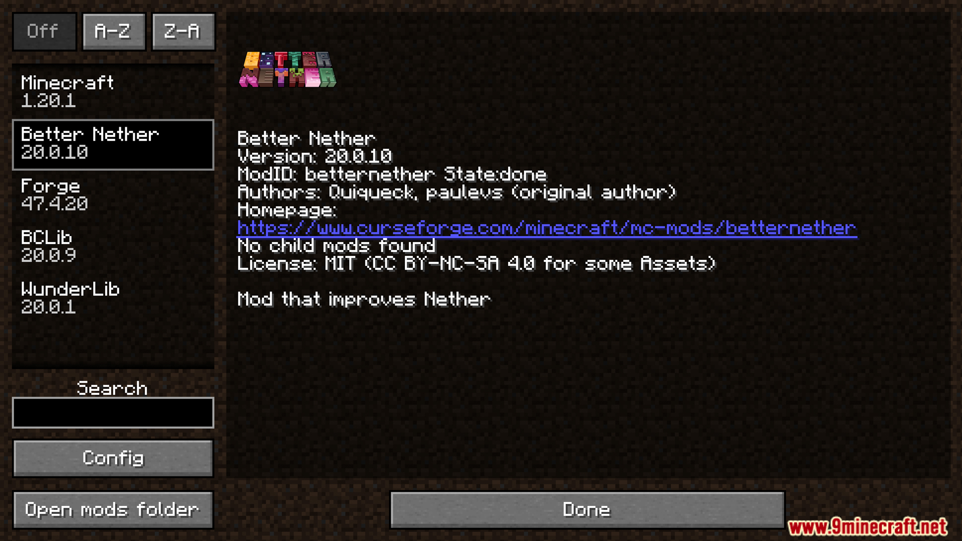 Better Nether mod information screen in Minecraft