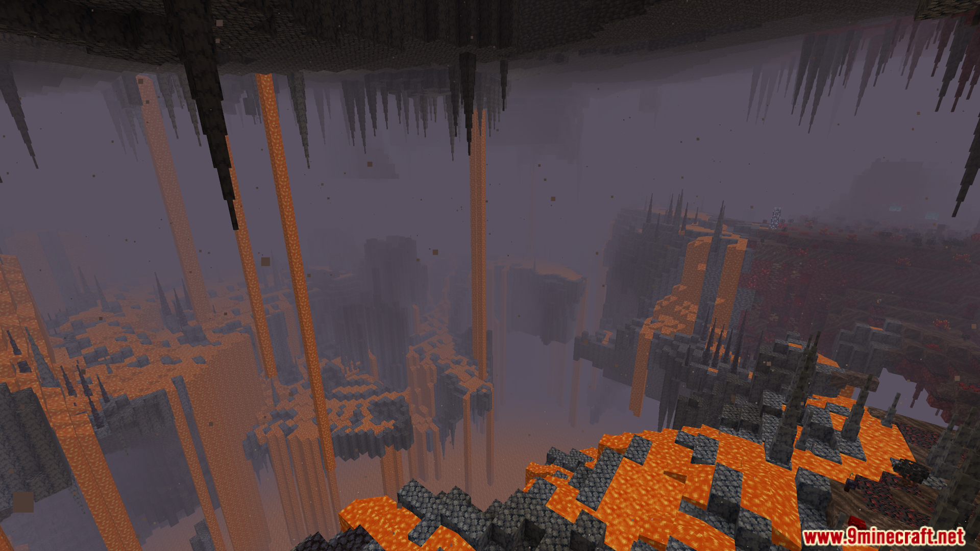 A vast and foggy Nether biome with lava falls