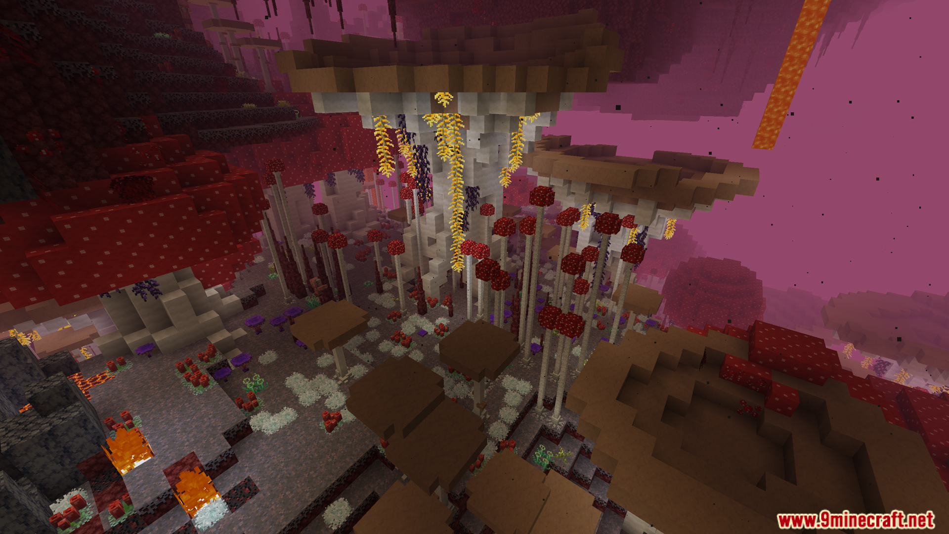 A vibrant Nether biome with giant colorful mushrooms