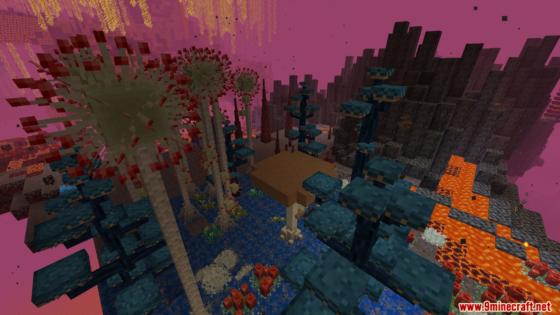 Exploring a strange Nether forest with unique alien-like plants