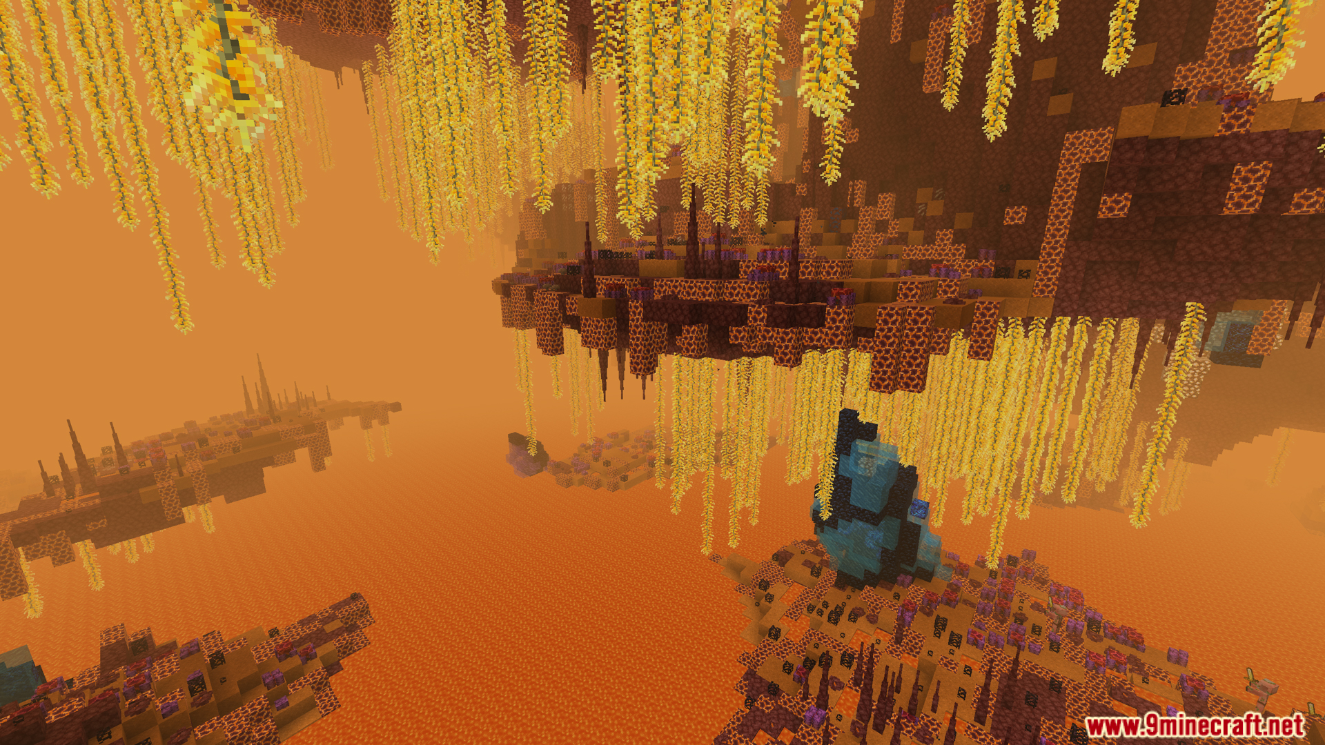 A vast, layered Nether biome with floating islands