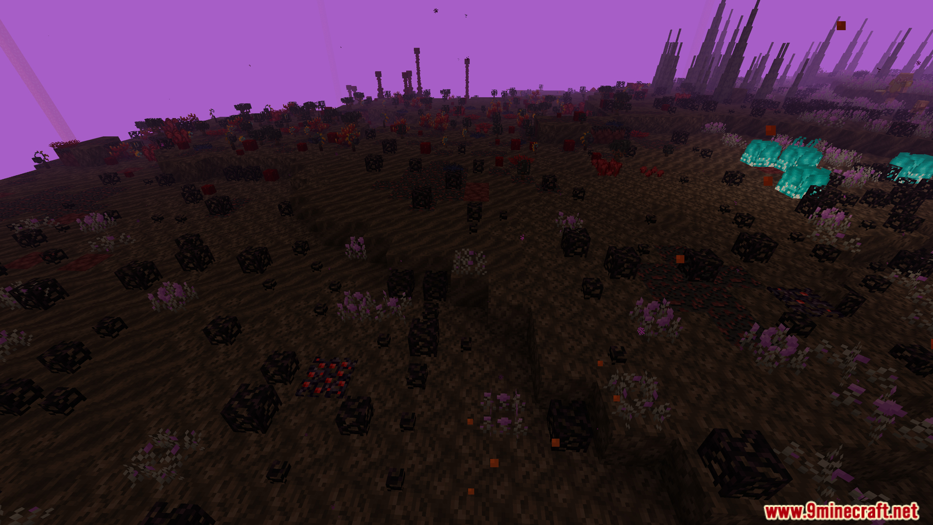 A dark Nether landscape with unique colorful flora