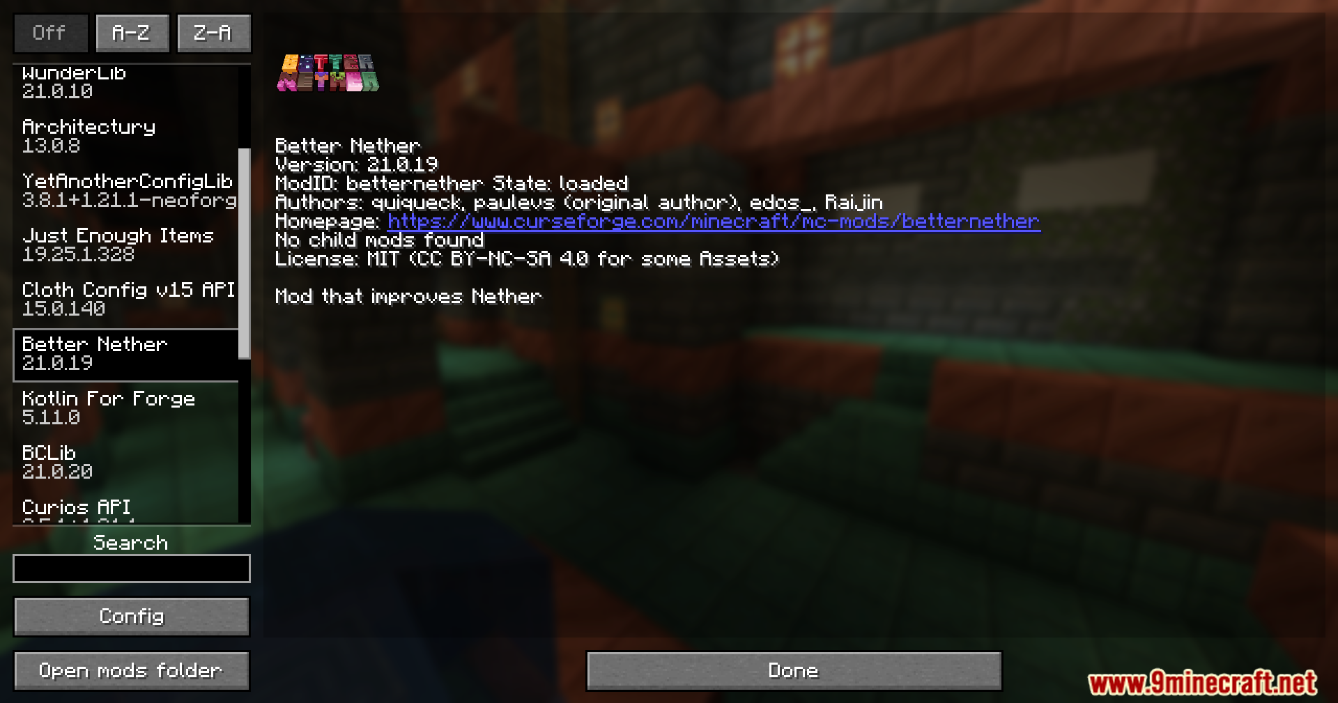 Better Nether mod information screen in the mods menu