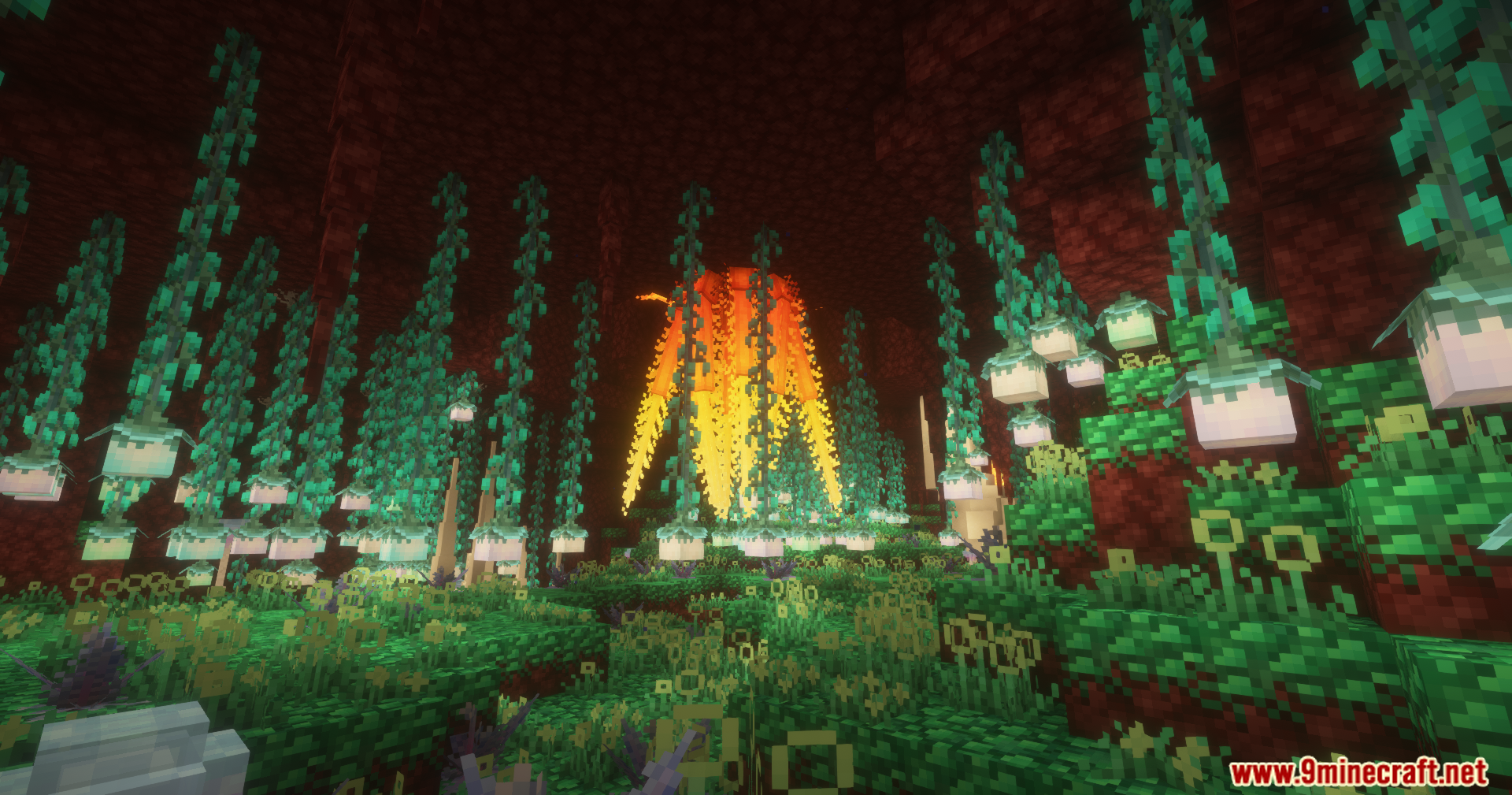 A large glowing orange creature hangs from the Nether ceiling