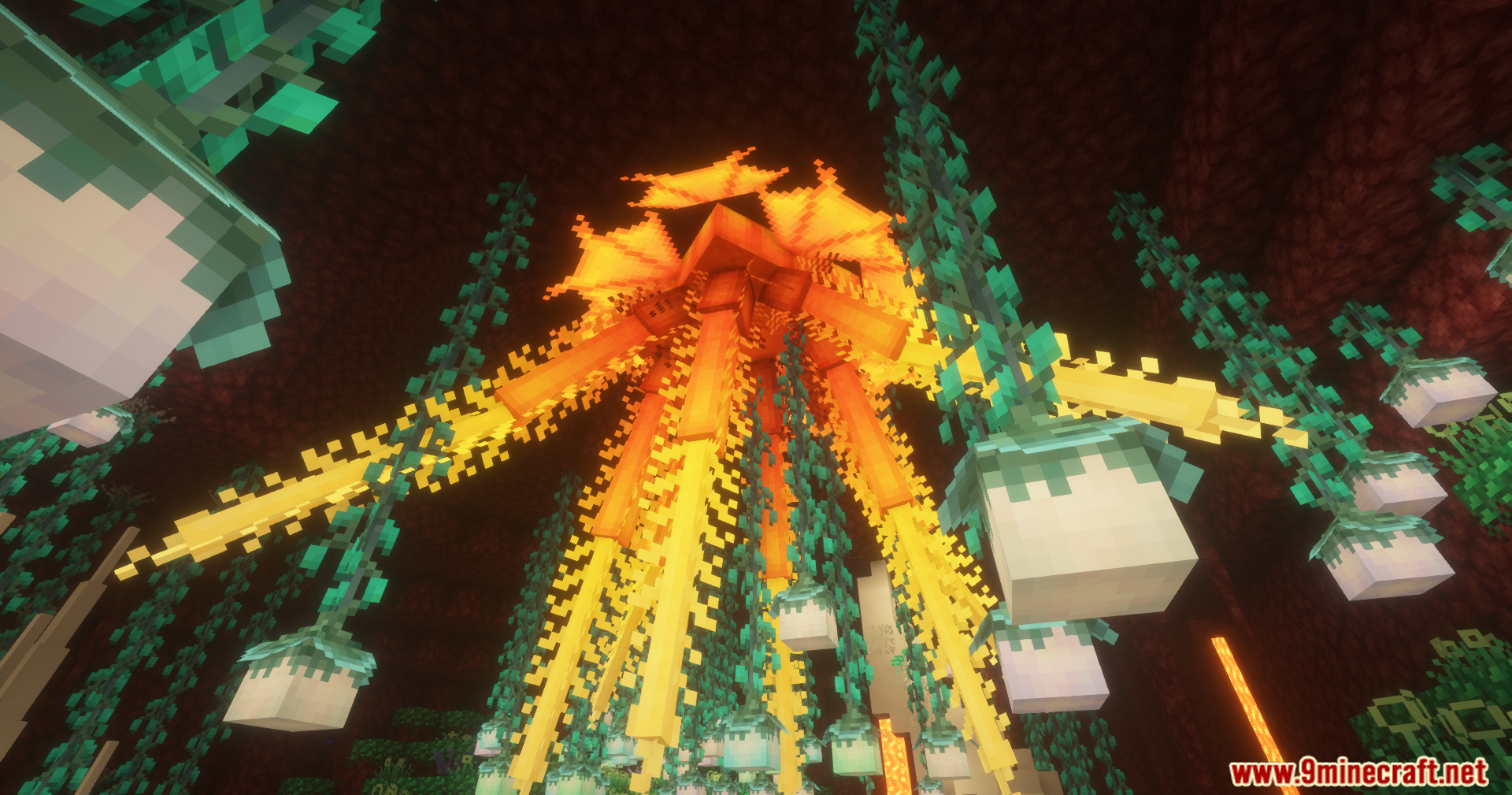 A close-up view of a giant glowing orange Nether creature