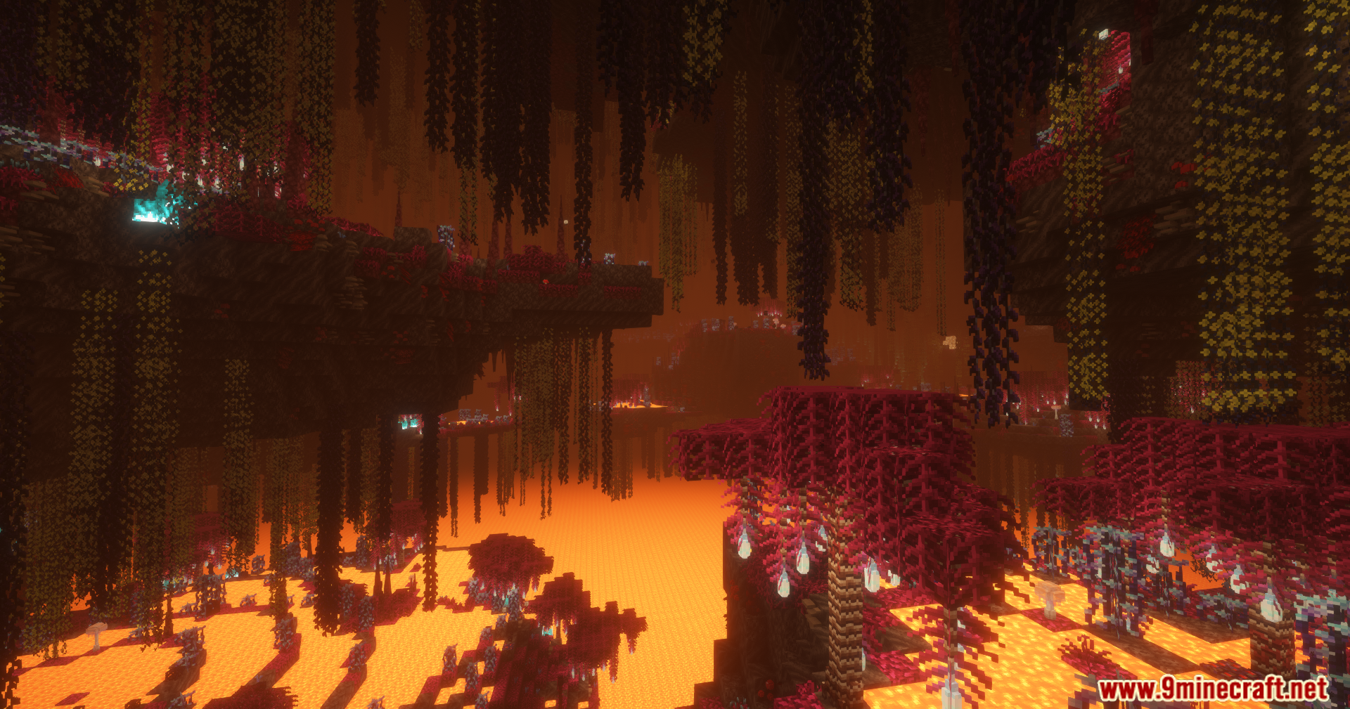 A vast, redesigned Nether landscape over a large lava sea