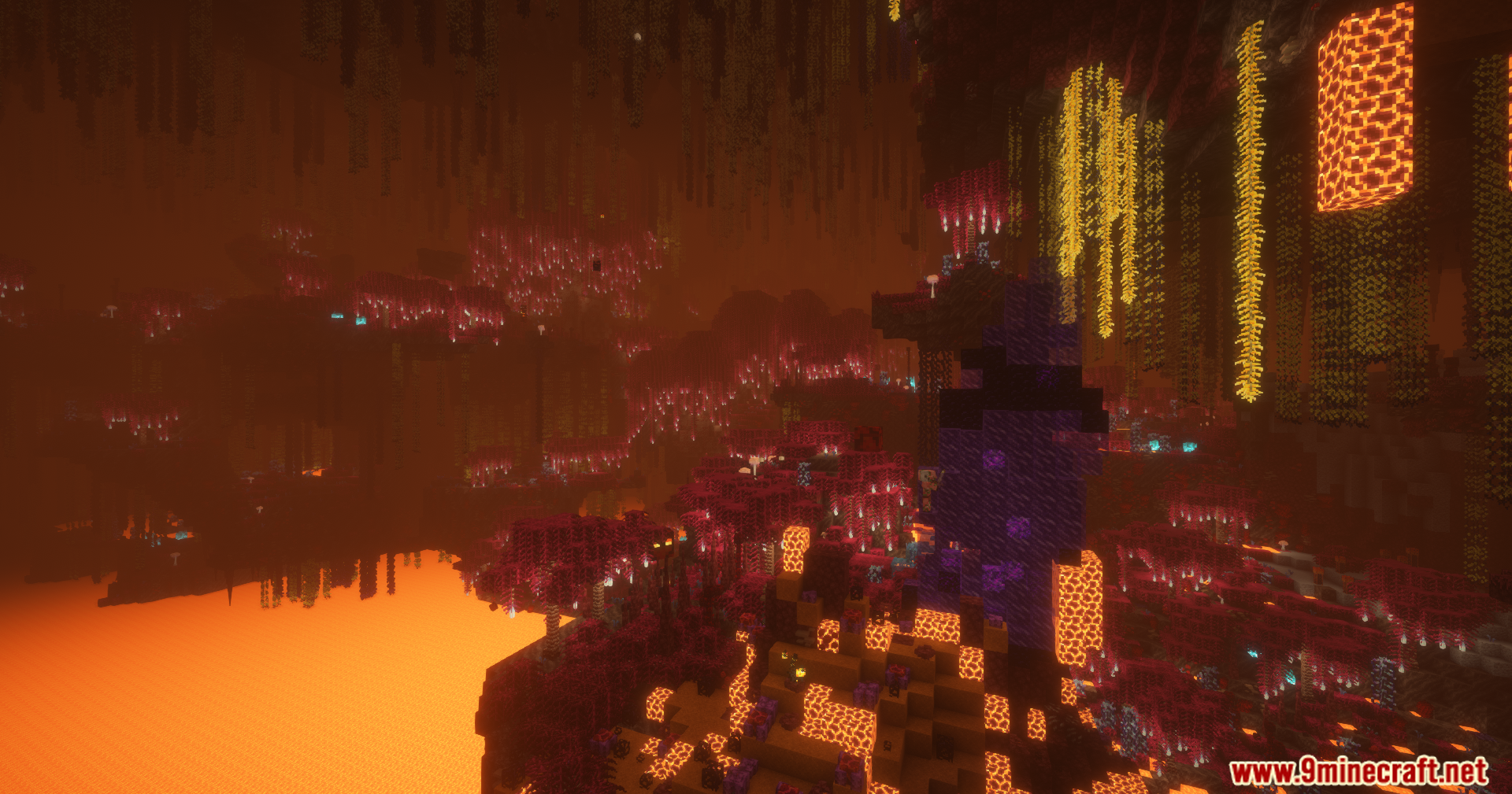 A ruined Nether portal in a custom crimson biome