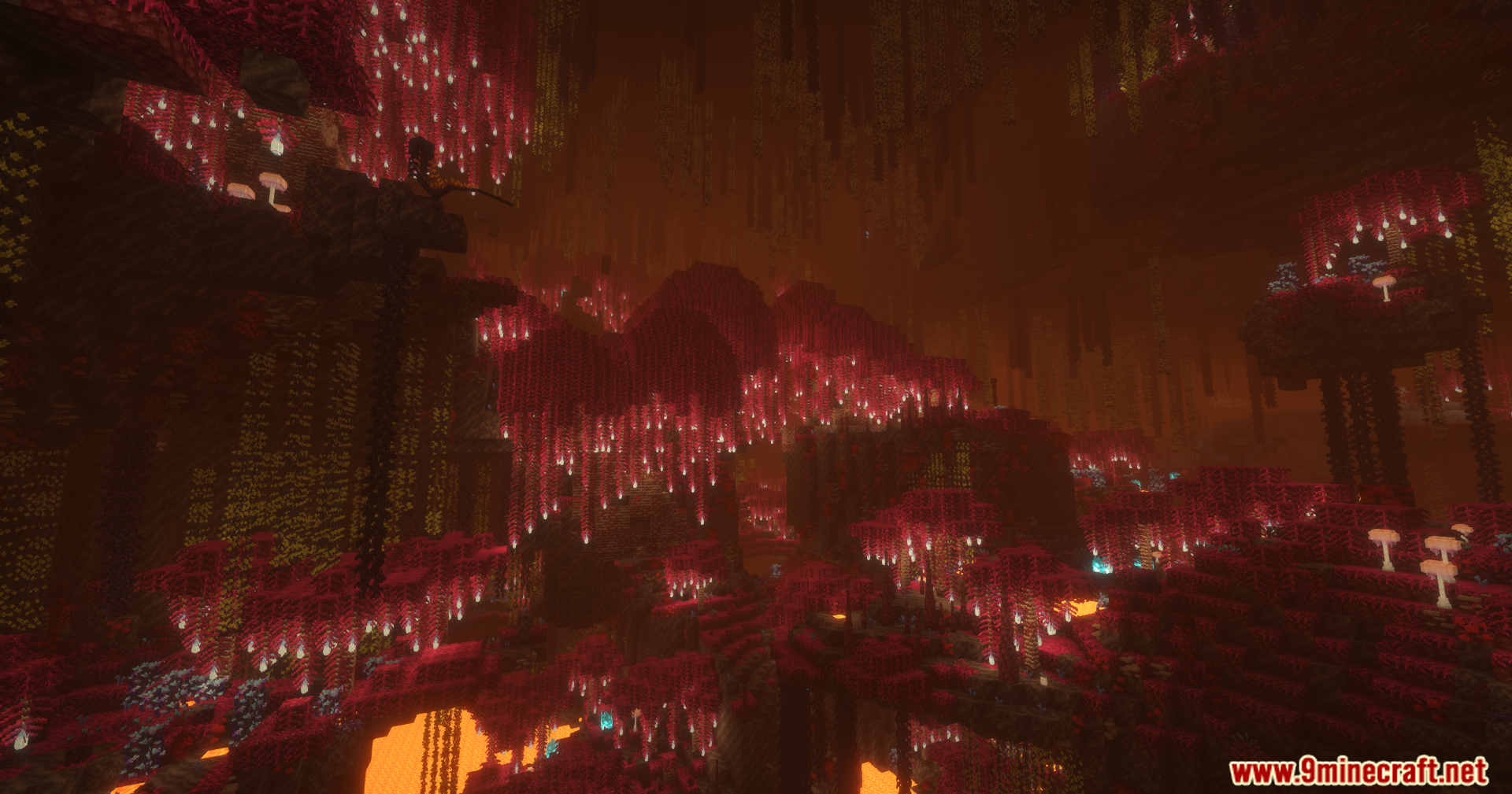 A dense crimson forest with glowing hanging vines
