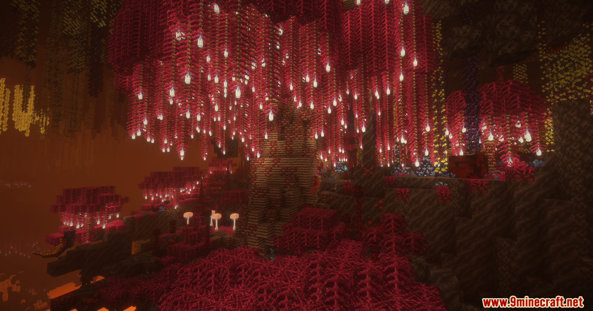 A large weeping tree with glowing white vines