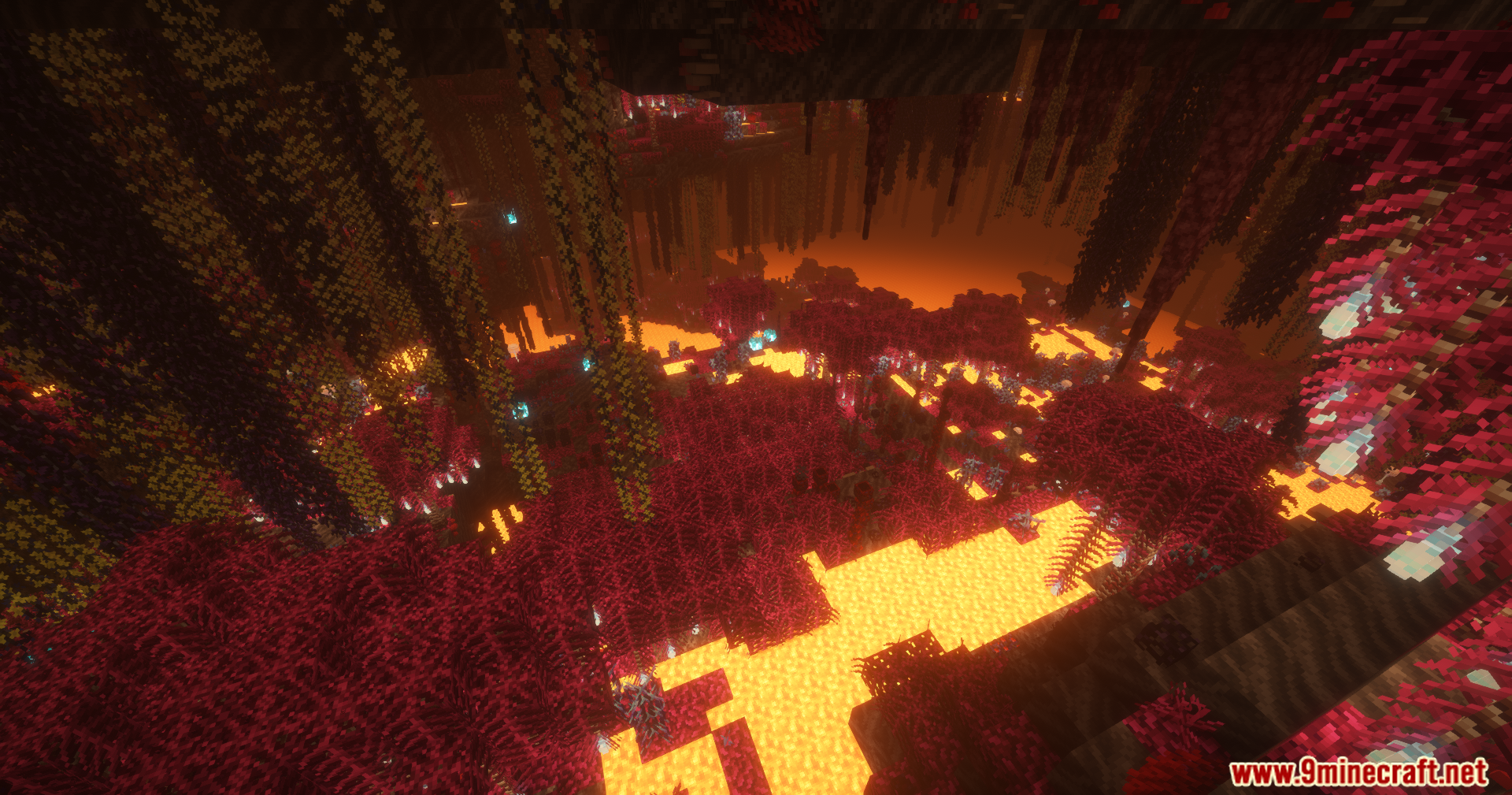 A vast Nether cavern with unique red and yellow flora
