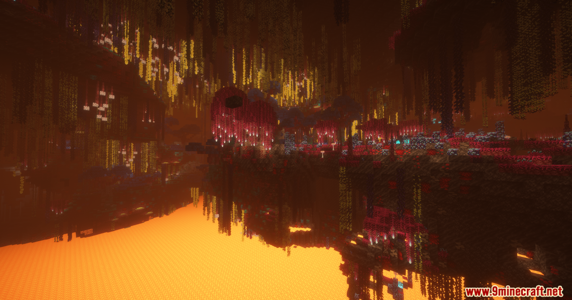 A large lava lake reflecting the glowing Nether biome