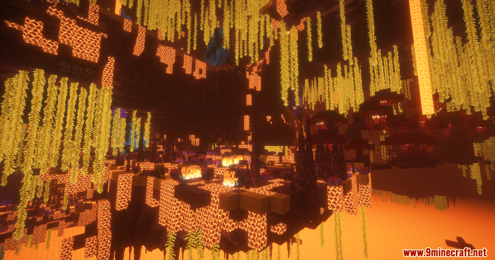 A fiery Nether biome with hanging golden vines