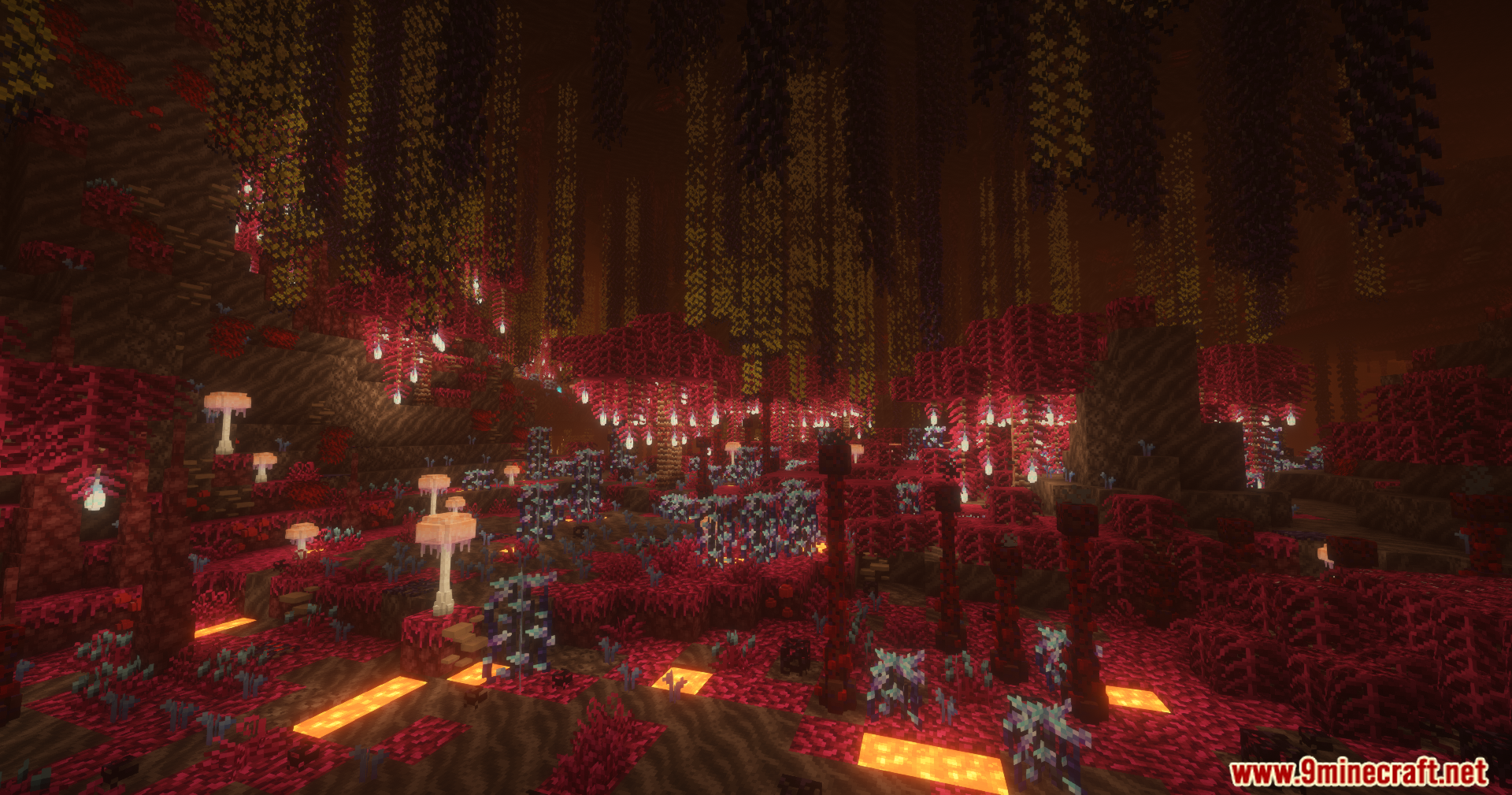 A dense crimson forest with glowing white mushrooms