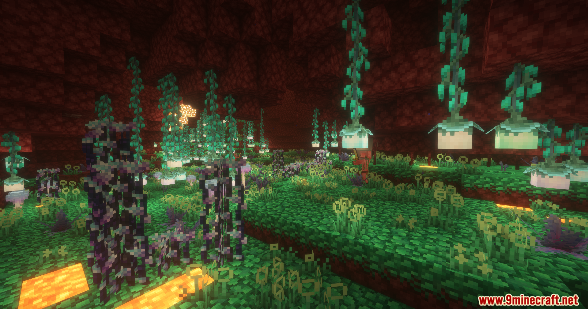 A lush green biome with glowing plants inside the Nether