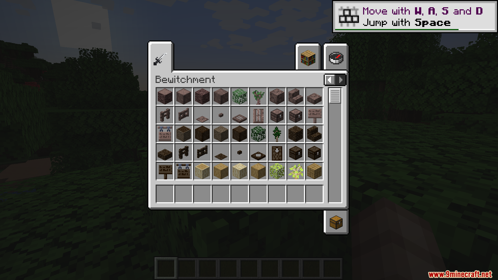 Bewitchment Tweaks Mod Screenshot 1 Creative inventory tab displaying various building blocks from Bewitchment mod
