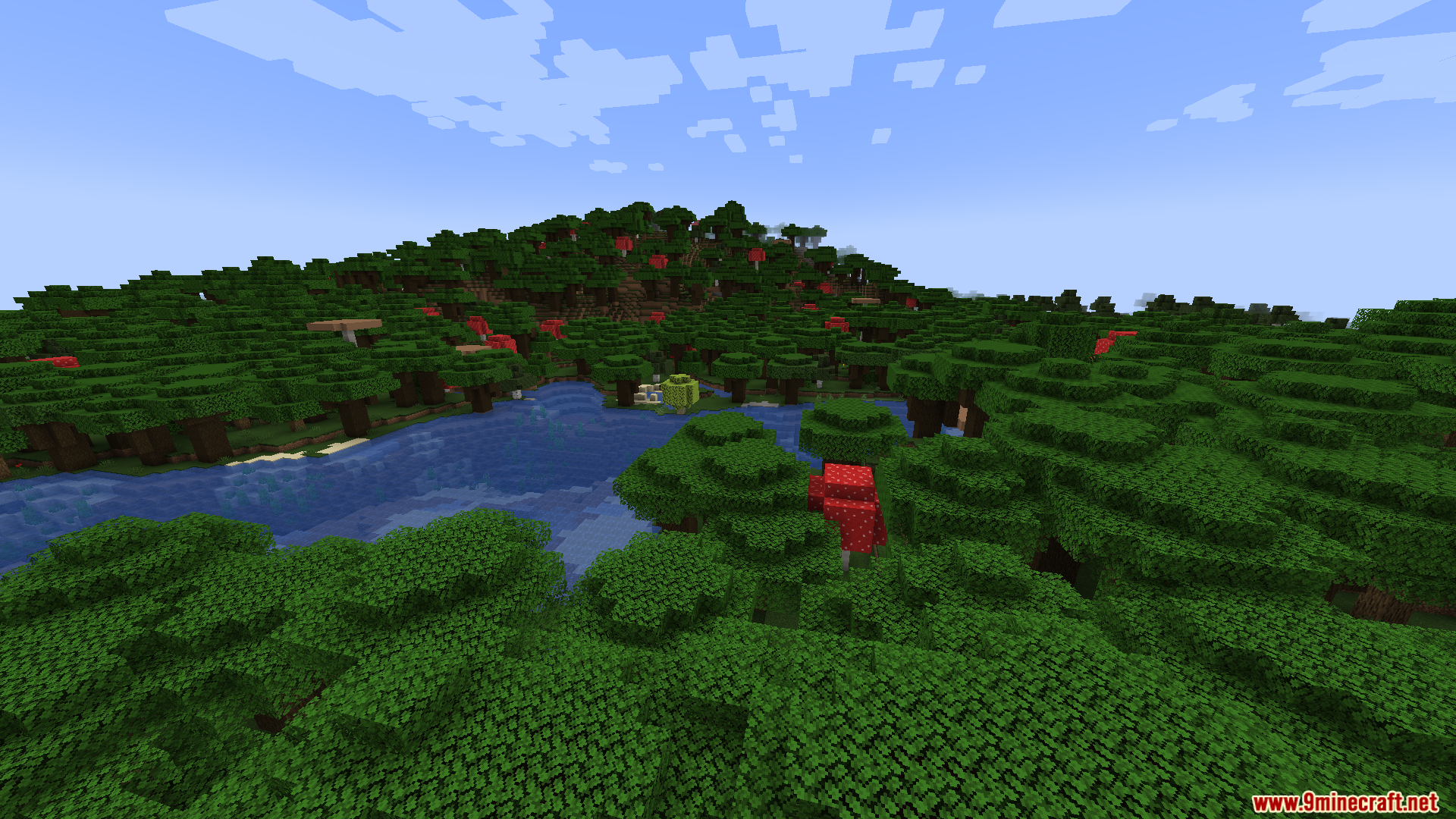 Bewitchment Tweaks Mod Screenshot 7 A wide view of a forest with red mushrooms and a river