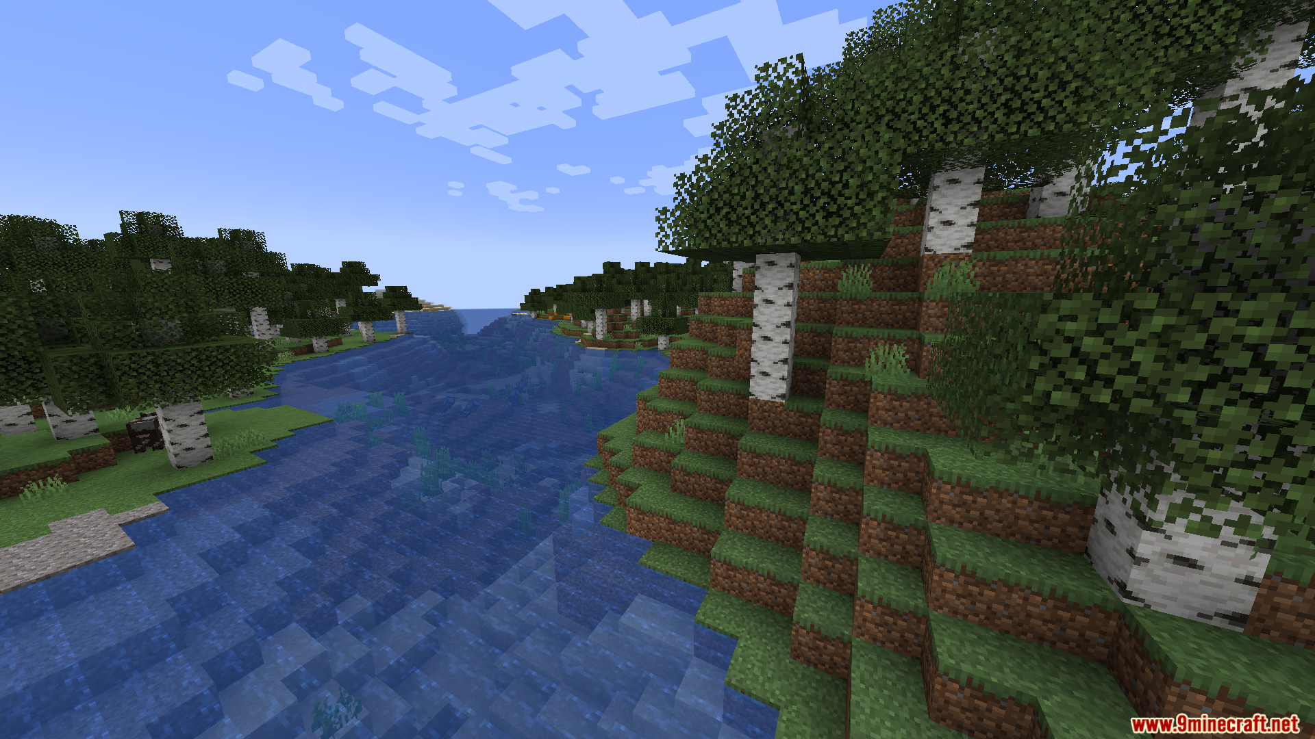Bewitchment Tweaks Mod Screenshot 8 A river winding through a birch forest biome