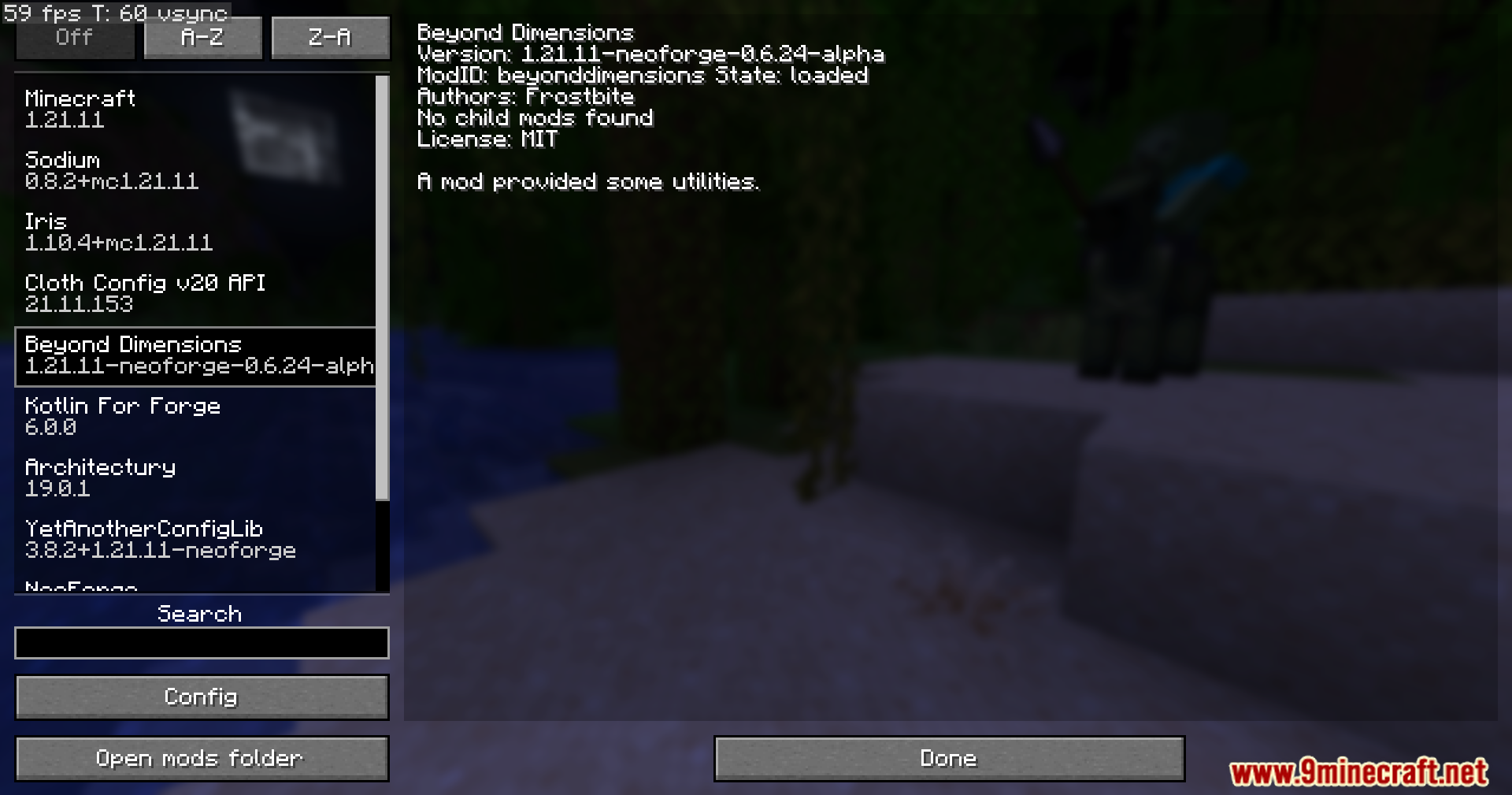 Mod list menu displaying the Beyond Dimensions mod installed and active