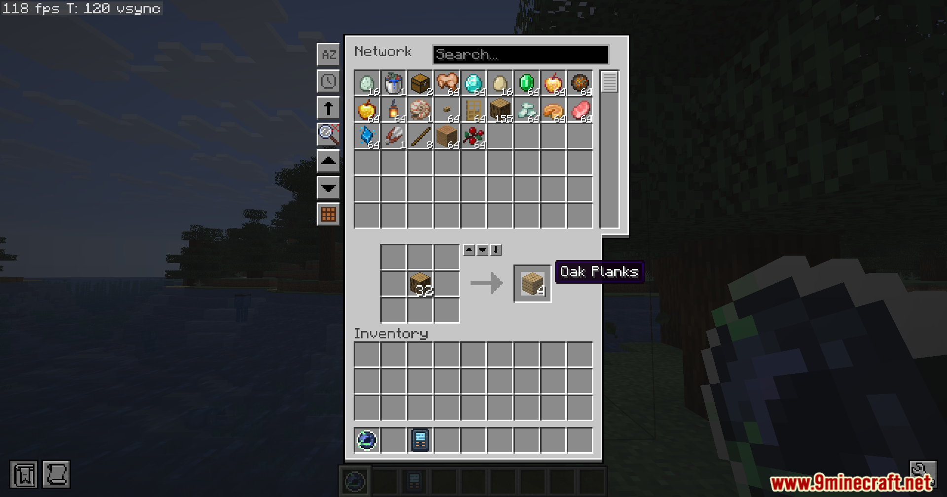 Crafting oak planks directly from the massive virtual storage network inventory