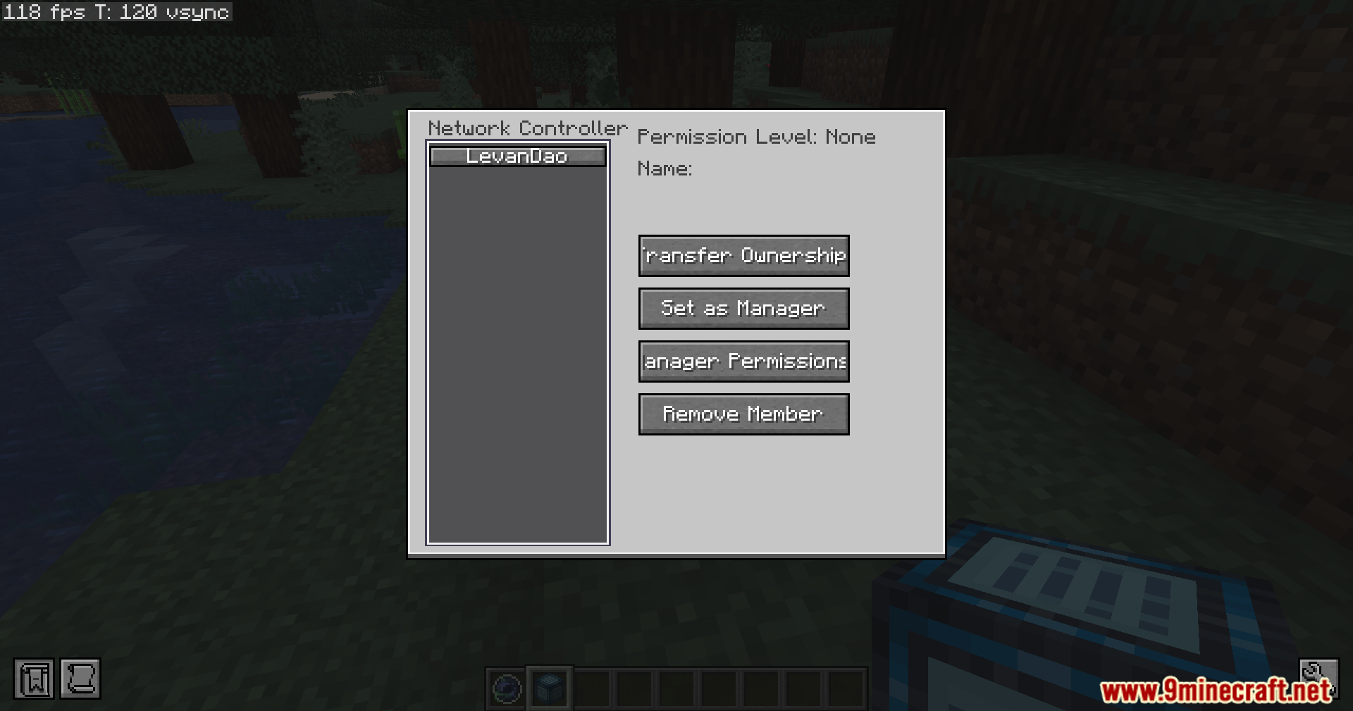Network Controller menu showing player list and permission management buttons