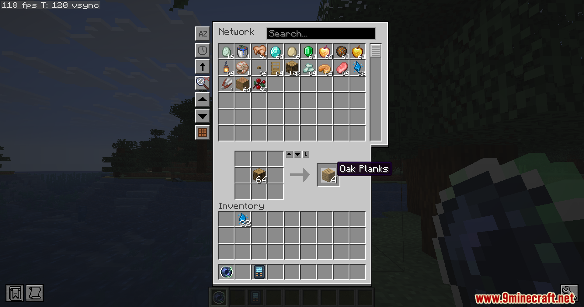 Player using the Beyond Dimensions Mod storage network to craft planks