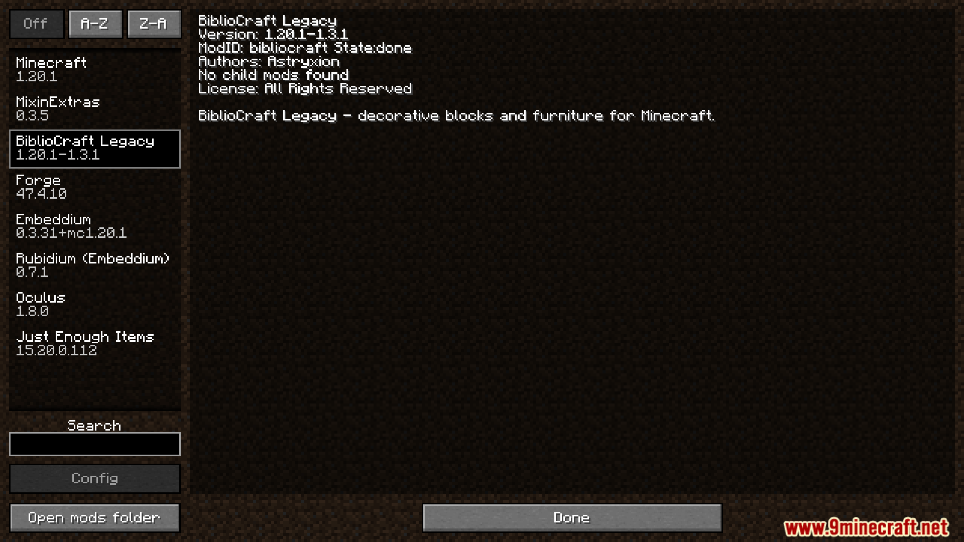 Bibliocraft Legacy Expanded Mod Screenshot 1 Minecraft mod menu showing the BiblioCraft Legacy mod installed