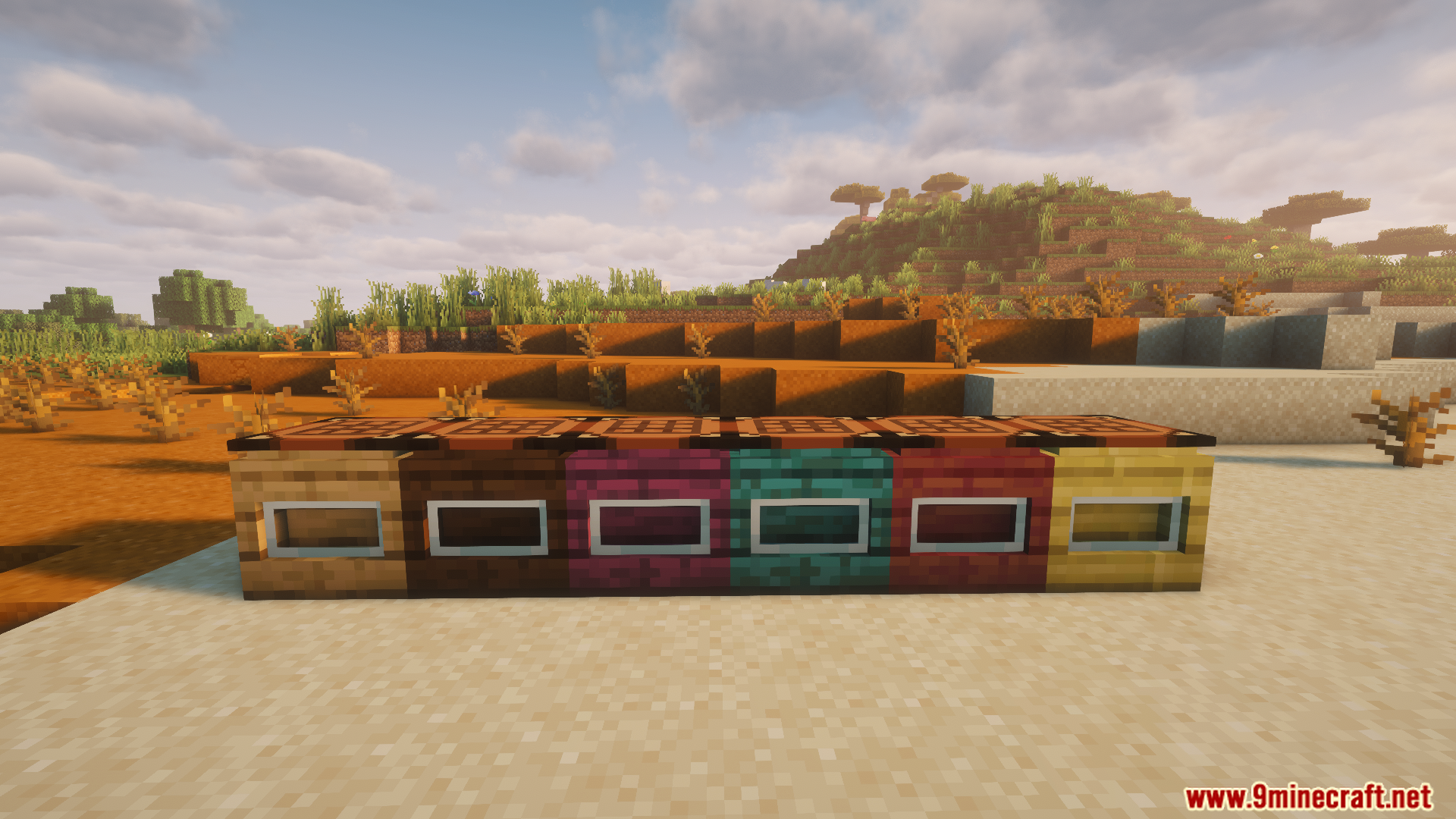 Bibliocraft Legacy Expanded Mod Screenshot 2 Row of colorful wooden fancy crafters from Bibliocraft Legacy mod