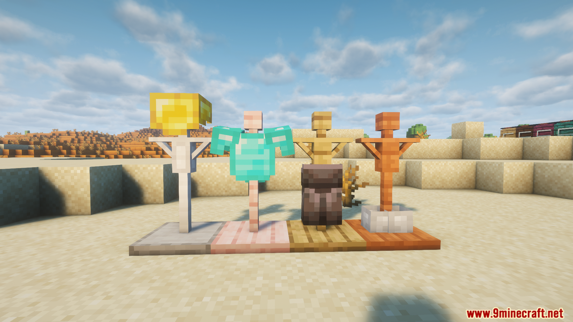 Bibliocraft Legacy Expanded Mod Screenshot 4 Various wooden armor stands displaying armor pieces from Bibliocraft Legacy