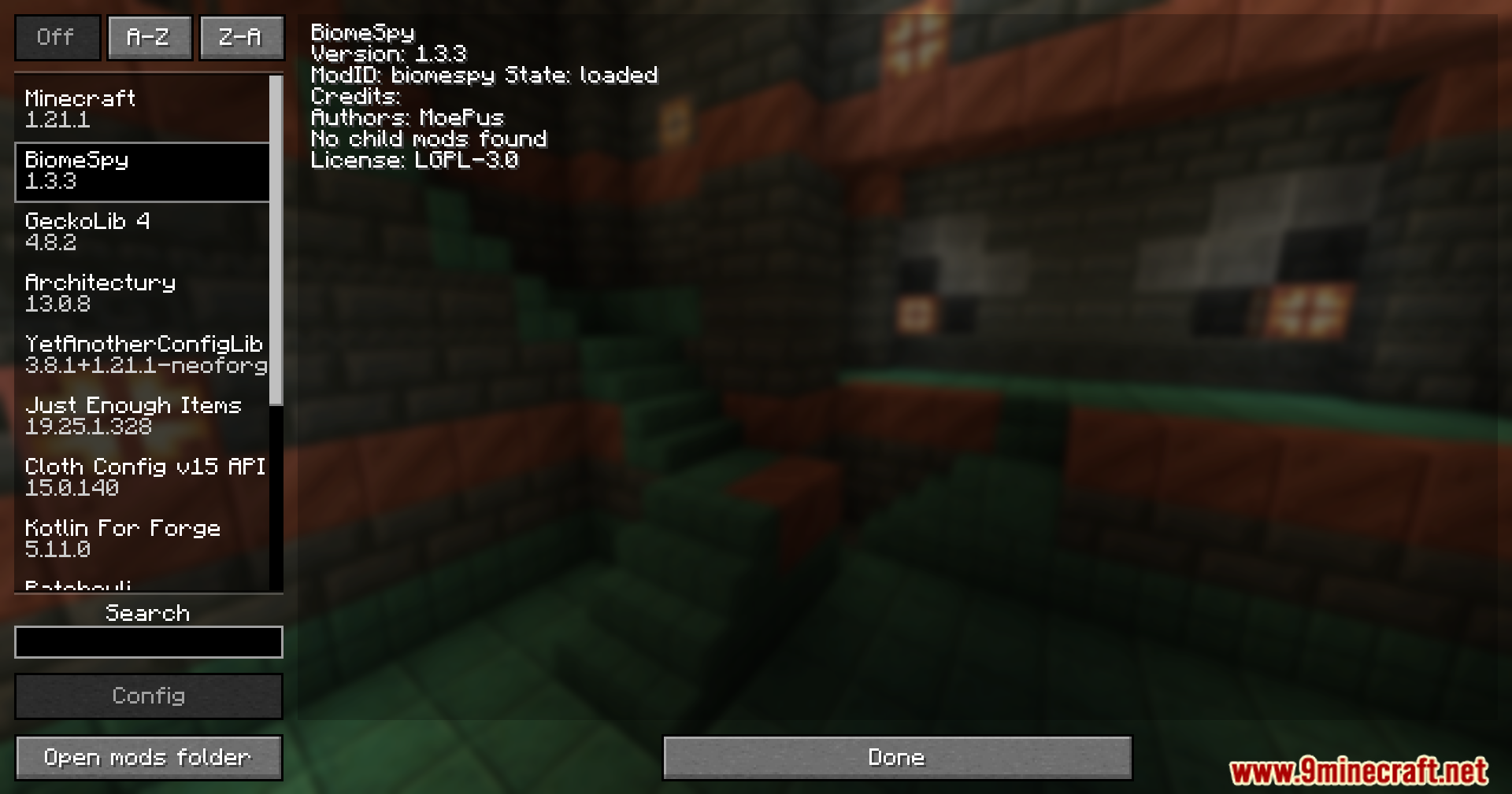 Minecraft mod menu showing BiomeSpy mod details and version information