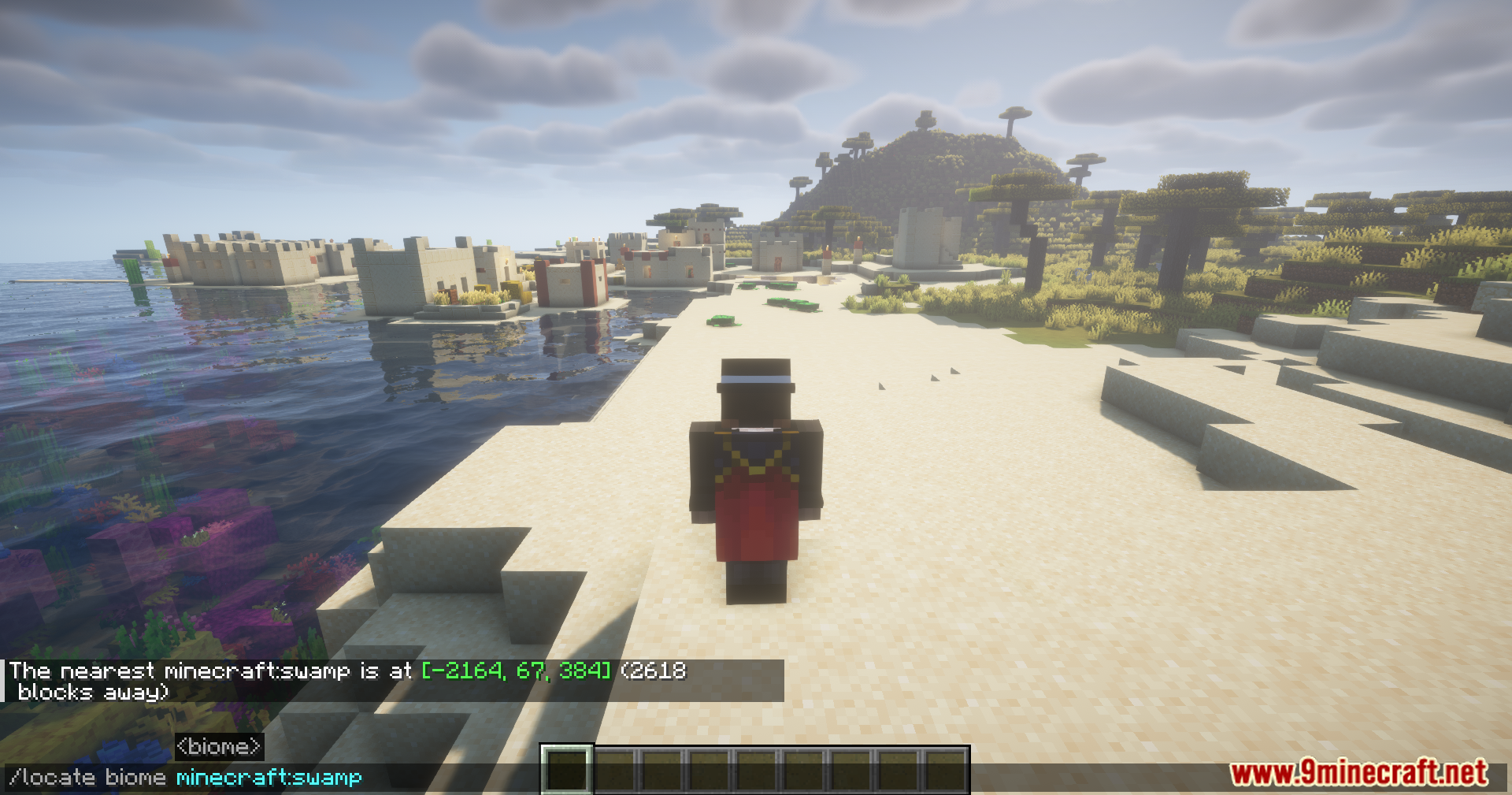 Player using locate command to find a swamp near desert village