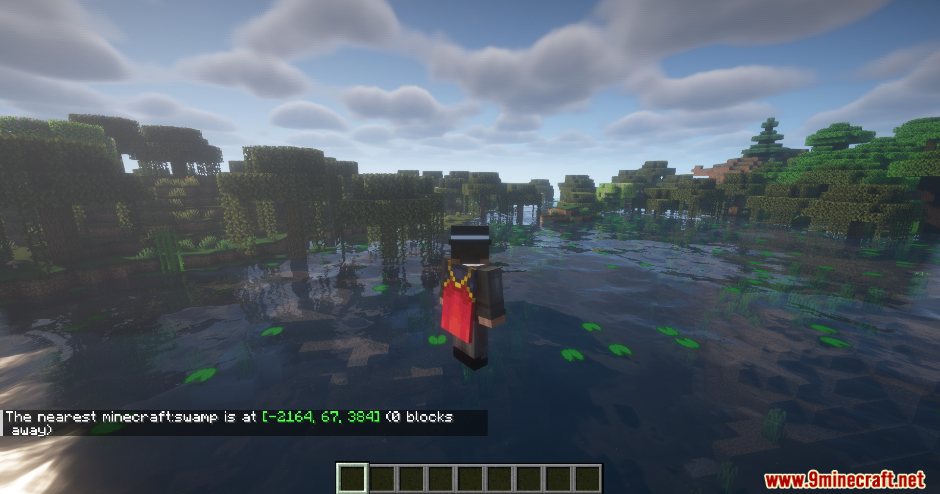 Player using locate command to find a swamp biome quickly