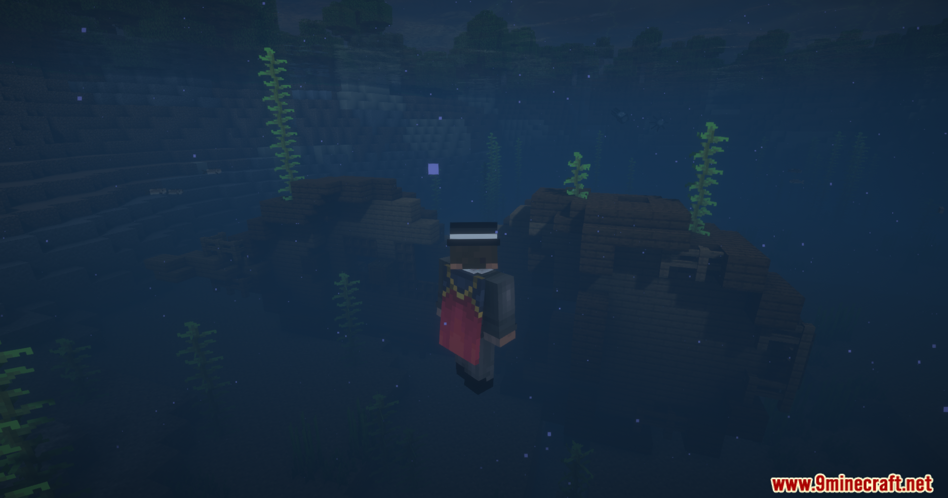 Player using locate command to find a shipwreck underwater