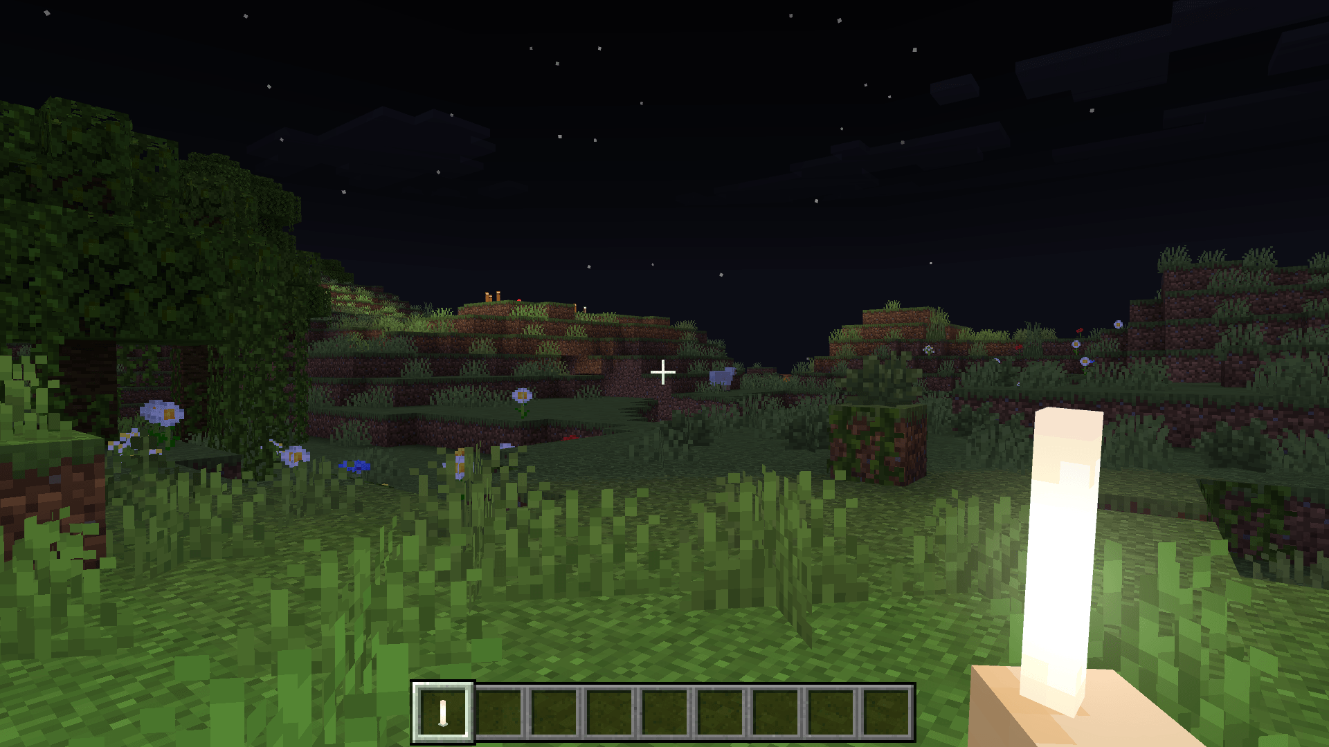 Player holding end rod at night using Bloomy Dynamic Lights mod