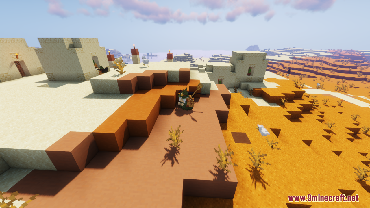 A dwarf witch walking through a desert village